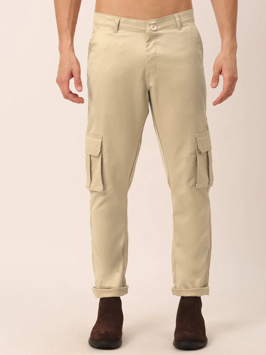 Men's Casual Cotton Solid Cargo Pants - Beige