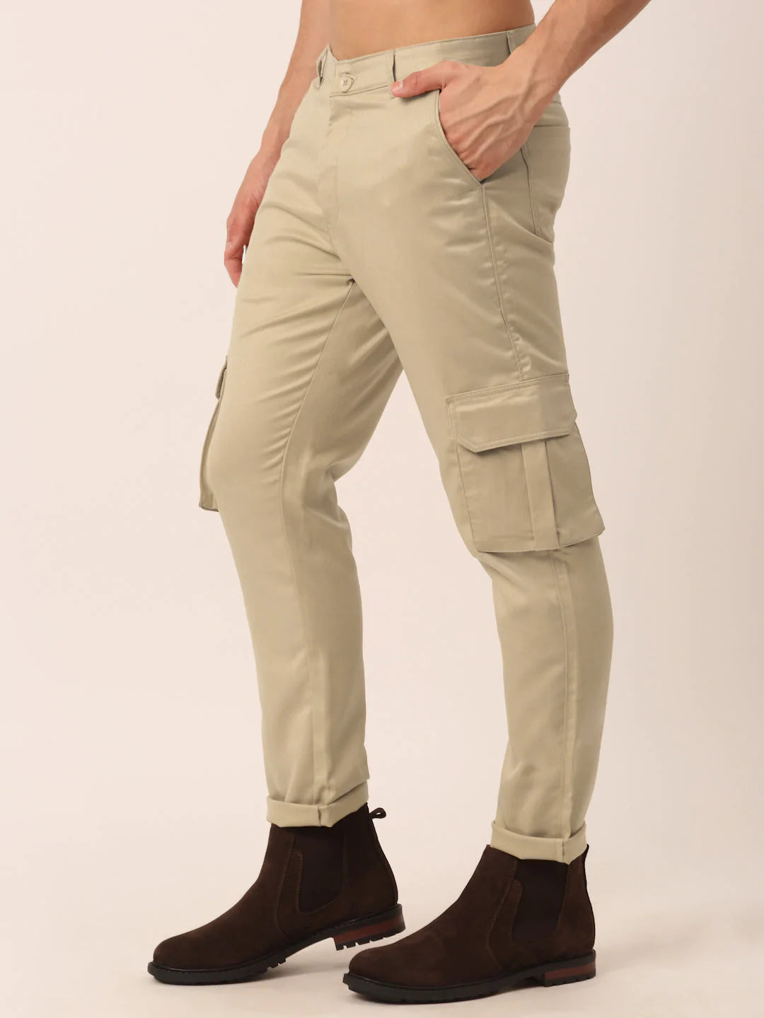 Men's Casual Cotton Solid Cargo Pants - Beige