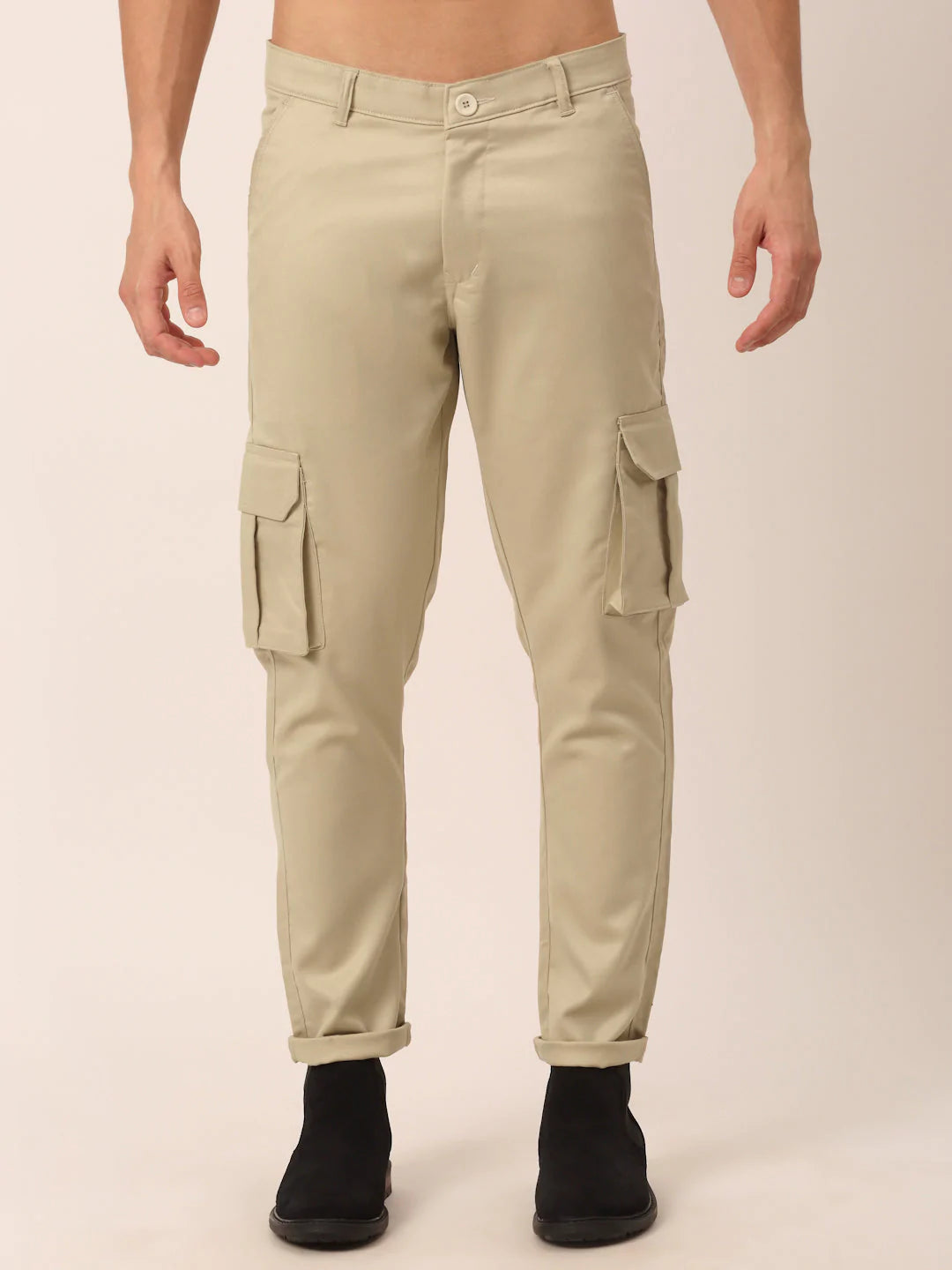 Men's Casual Cotton Solid Cargo Pants - Cream