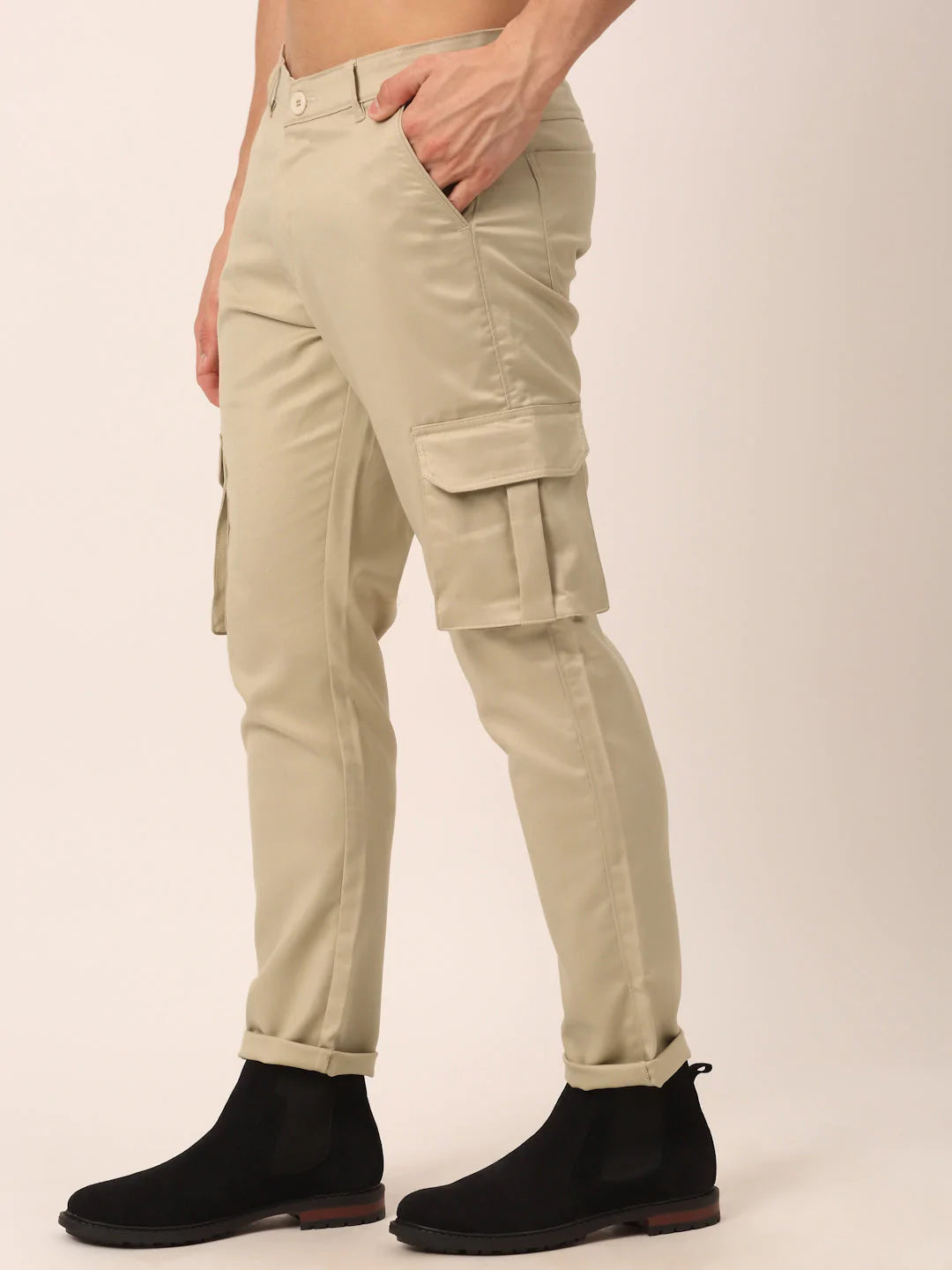 Men's Casual Cotton Solid Cargo Pants - Cream