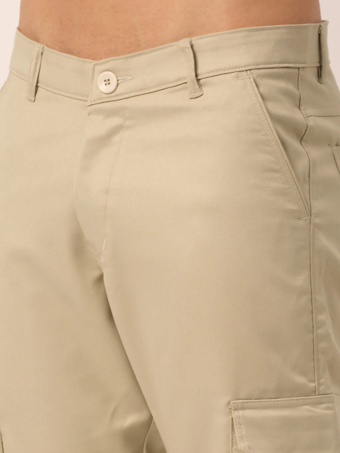 Men's Casual Cotton Solid Cargo Pants - Cream