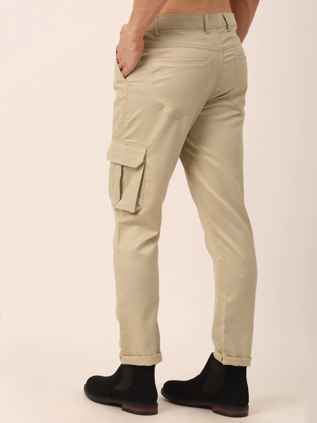 Men's Casual Cotton Solid Cargo Pants - Cream