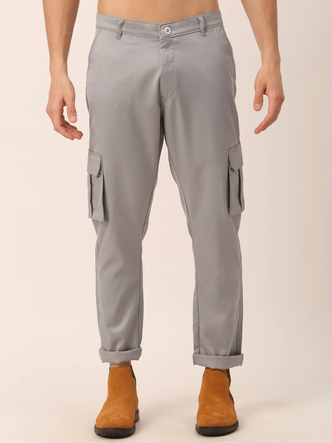 Men's Casual Cotton Solid Cargo Pants - Light Grey