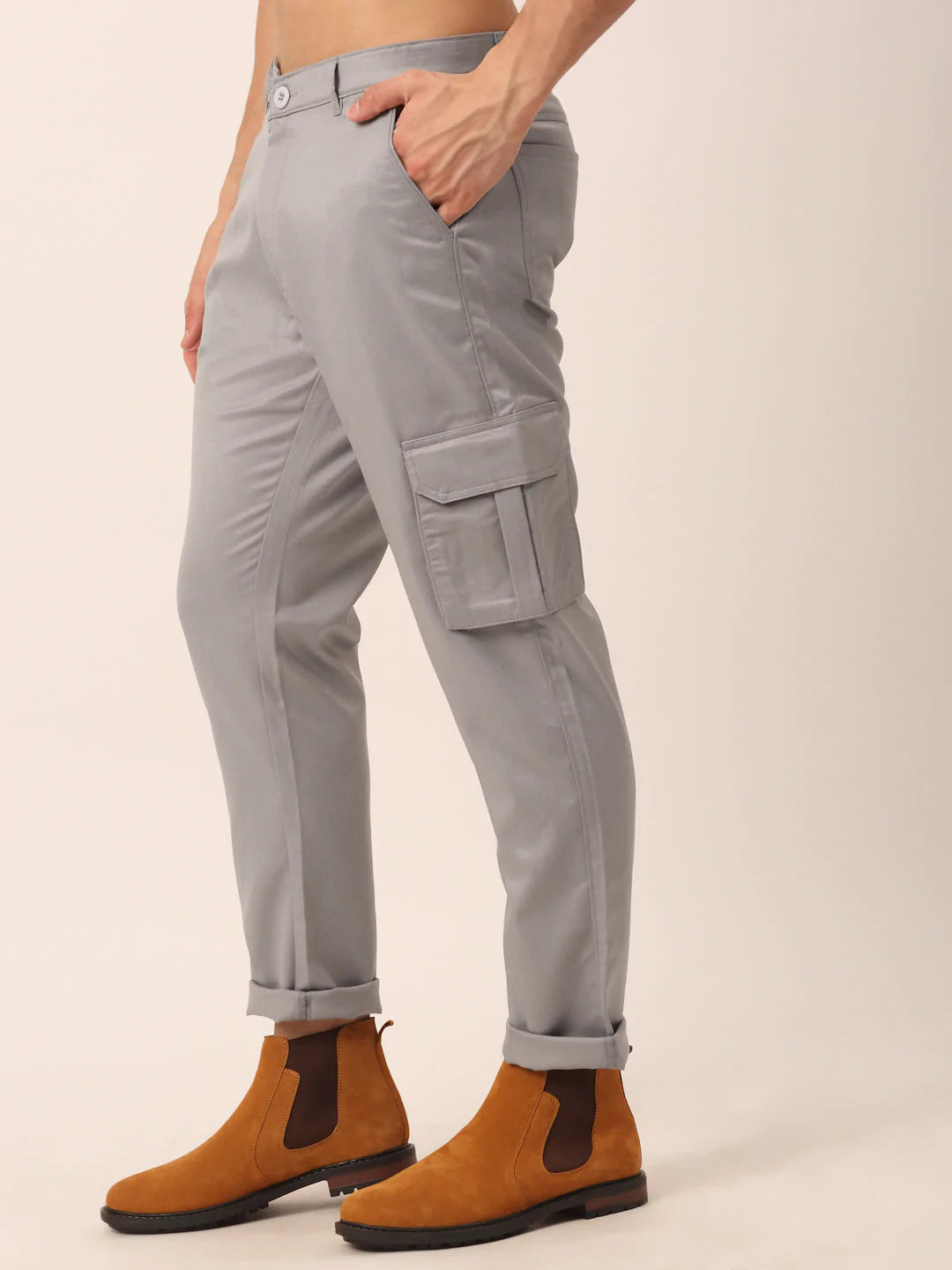 Men's Casual Cotton Solid Cargo Pants - Light Grey