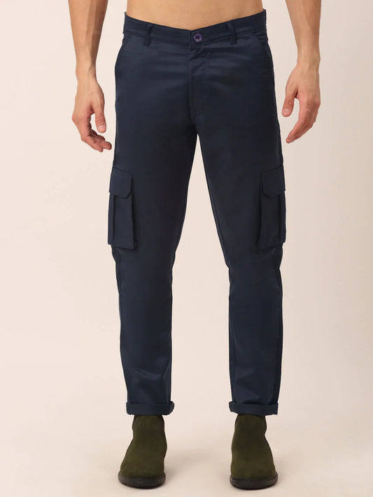 Men's Casual Cotton Solid Cargo Pants - Navy Blue