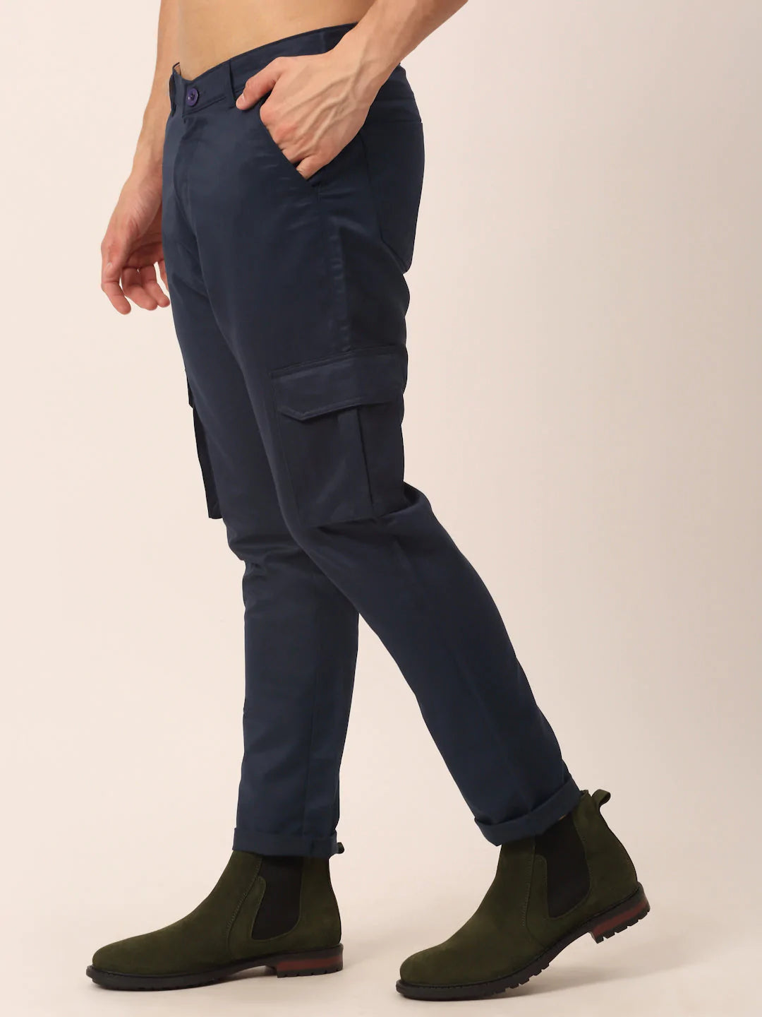 Men's Casual Cotton Solid Cargo Pants - Navy Blue