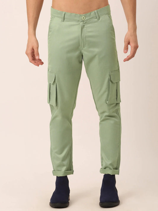 Men's Casual Cotton Solid Cargo Pants - Pista Green