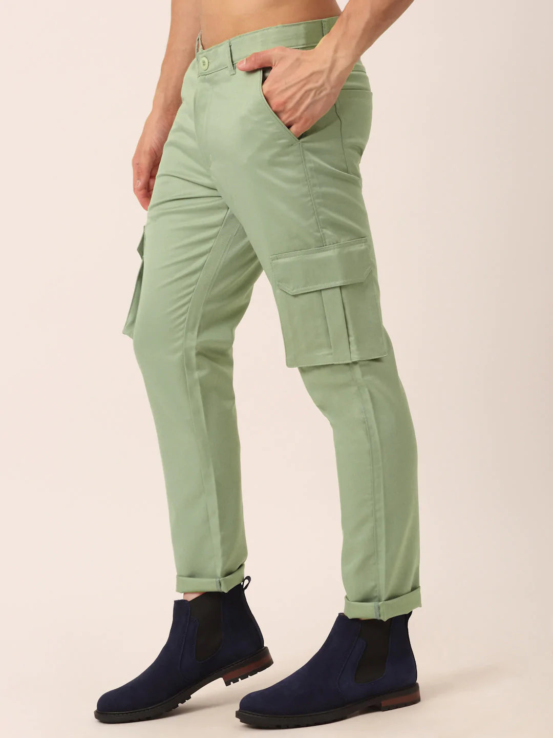 Men's Casual Cotton Solid Cargo Pants - Pista Green