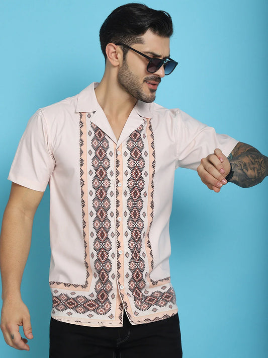 Printed Half Sleeve Lycra Shirt for Men - Pink