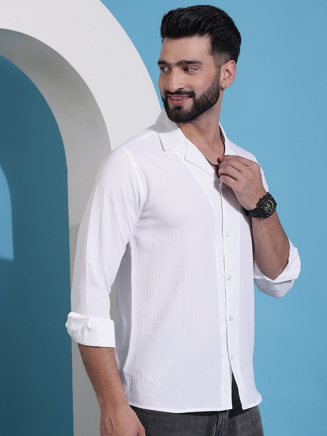 Lapel Collar Casual Shirt for Mens - White