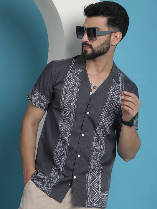 Printed Half Sleeve Lycra Shirt for Men - Grey