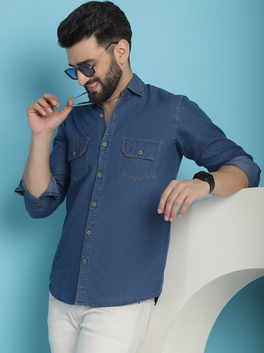 Faded Cotton Denim Casual Shirt - Blue