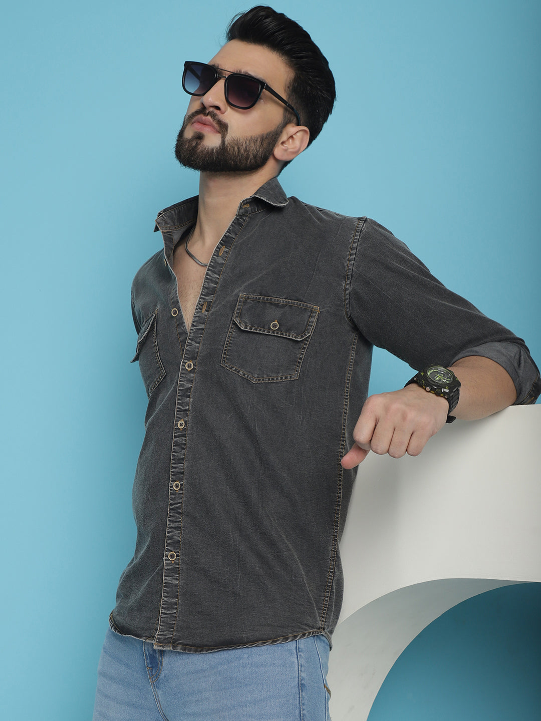 Faded Cotton Denim Casual Shirt - Charcoal