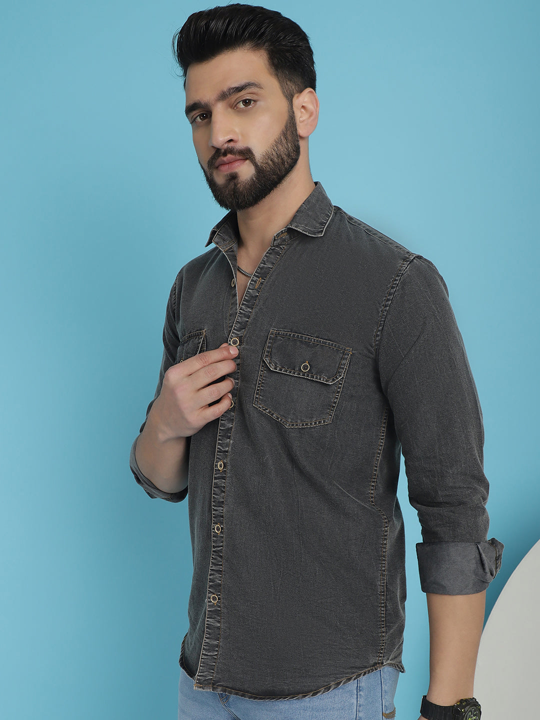 Faded Cotton Denim Casual Shirt - Charcoal