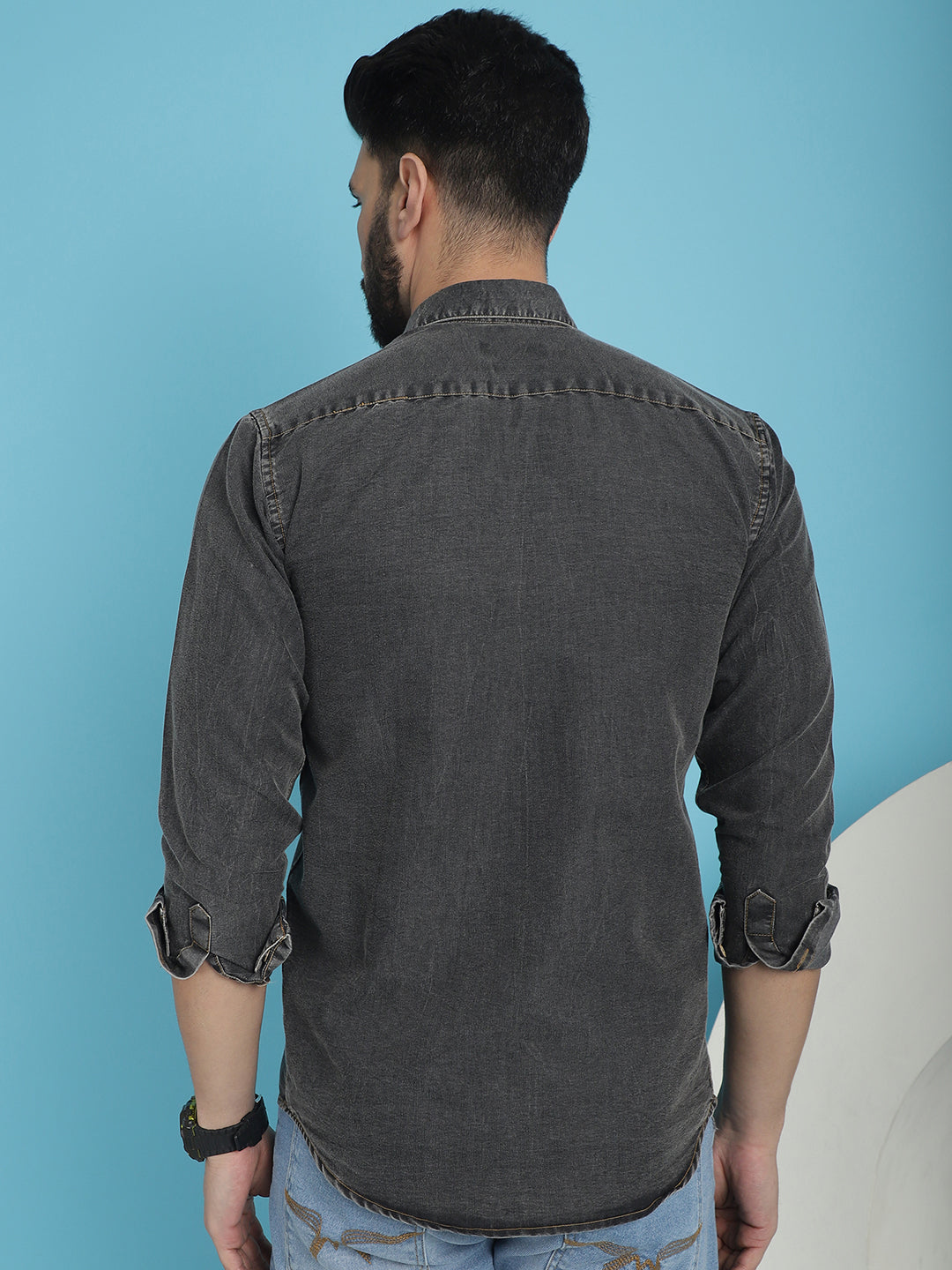 Faded Cotton Denim Casual Shirt - Charcoal