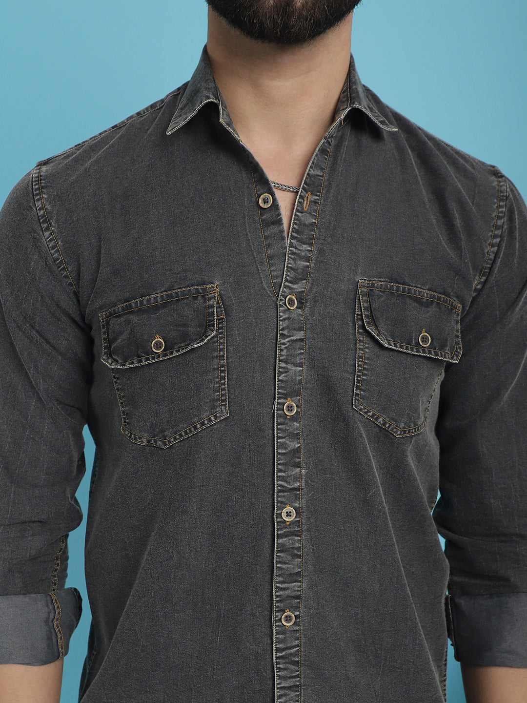 Faded Cotton Denim Casual Shirt - Charcoal