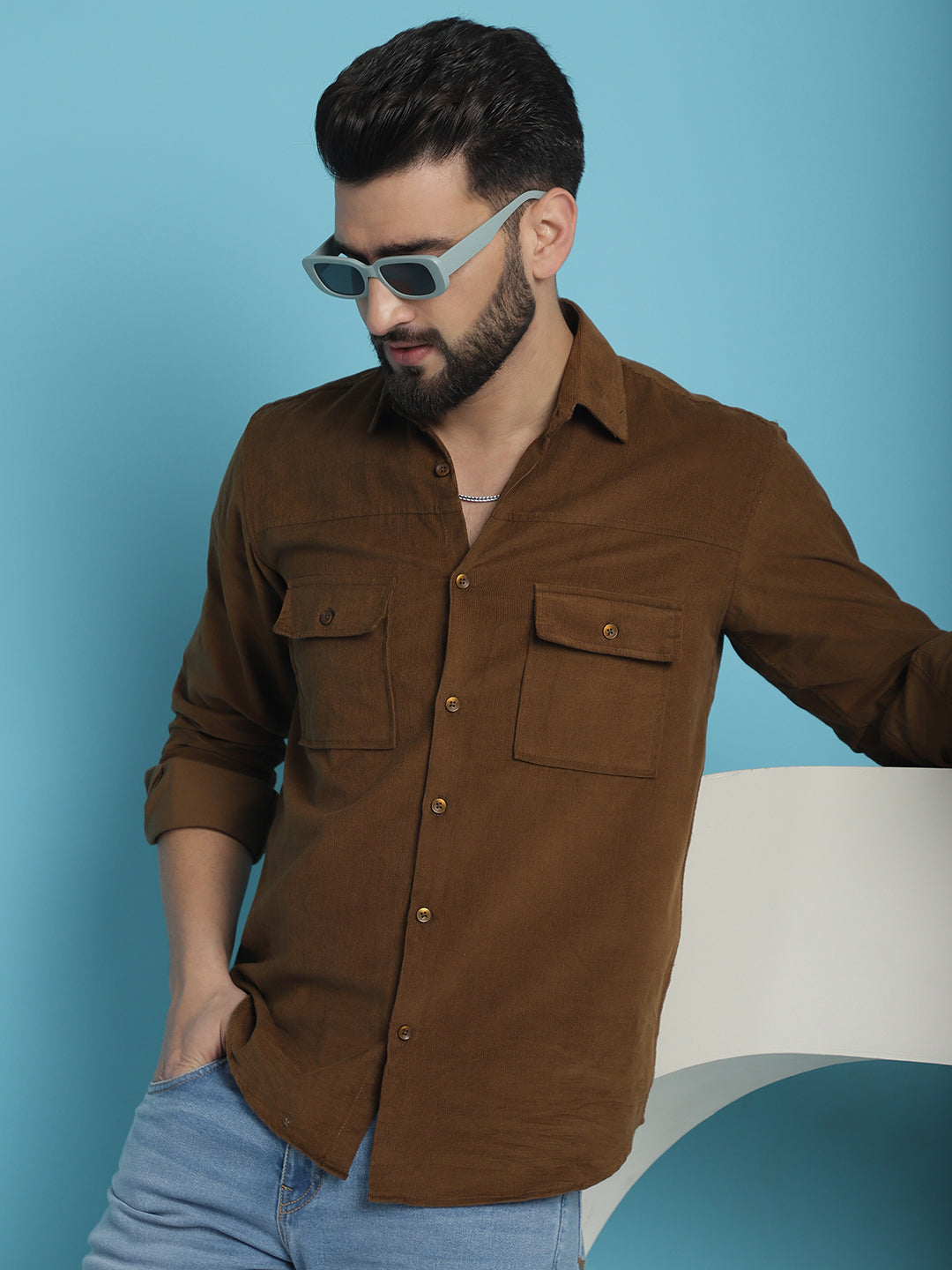 Men Standard Corduroy Cotton Shirt - Brown