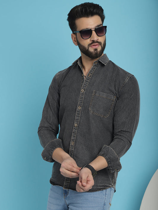 Faded Cotton Denim Casual Shirt for Men - Charcoal