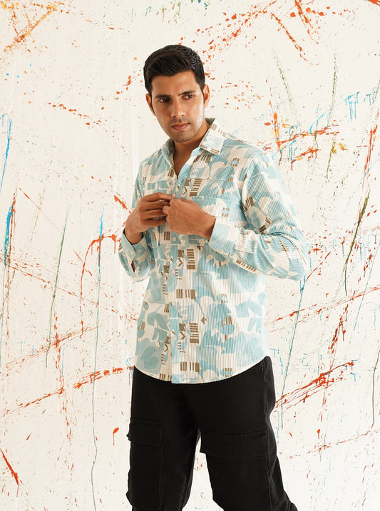 Printed Spread Collar Cotton Curved Casual Shirt - Blue