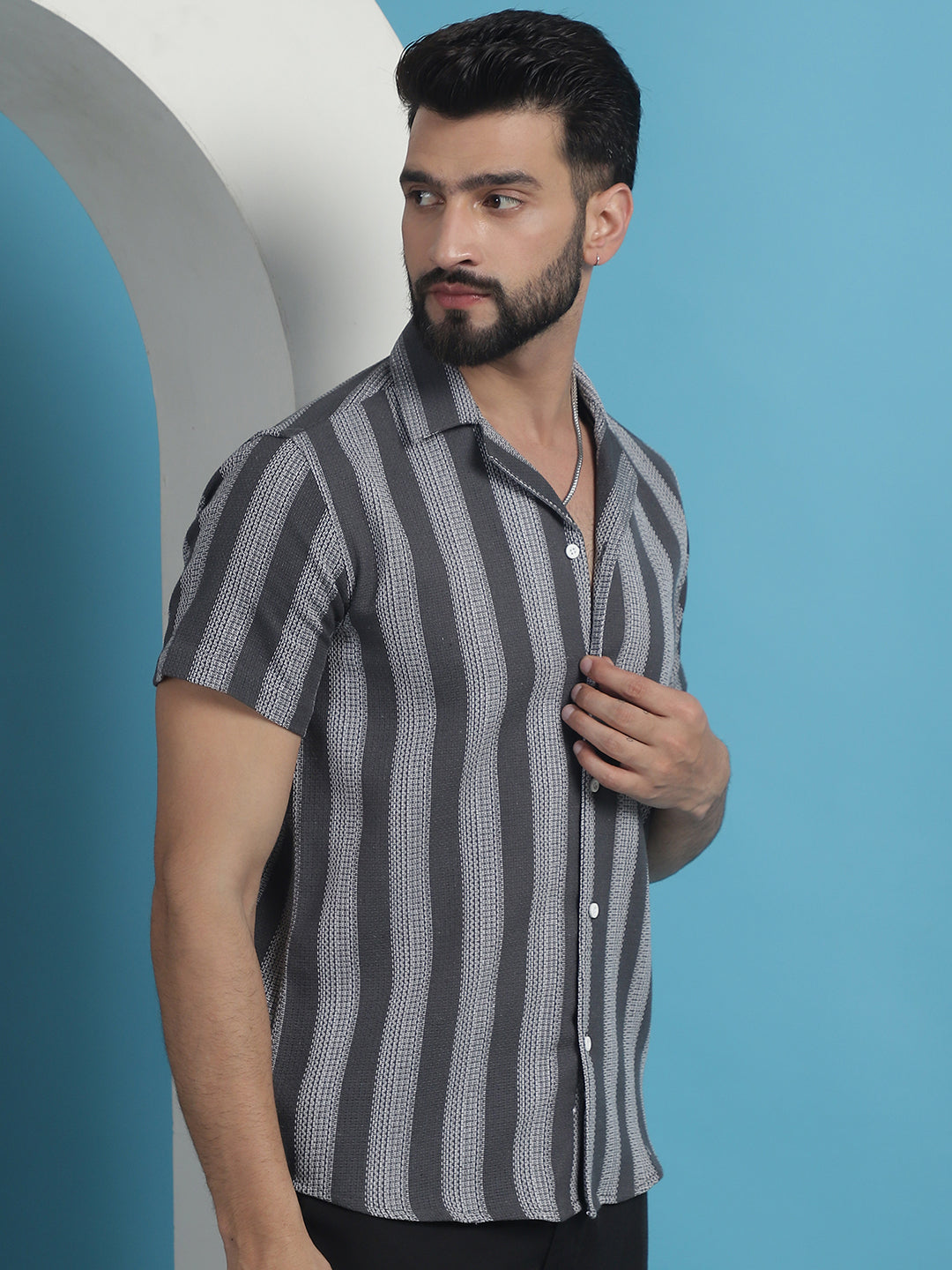 Printed Half Sleeve Cotton Shirt for Men - Grey