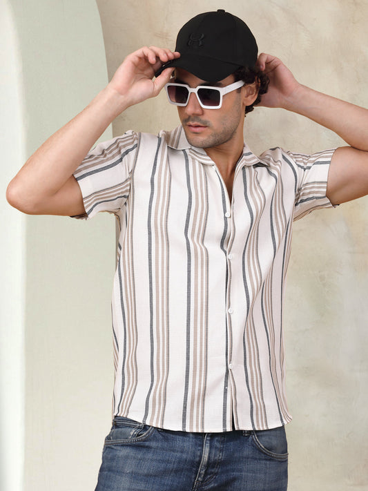 Striped Half Sleeve Cotton Shirt for Men - Light Brown