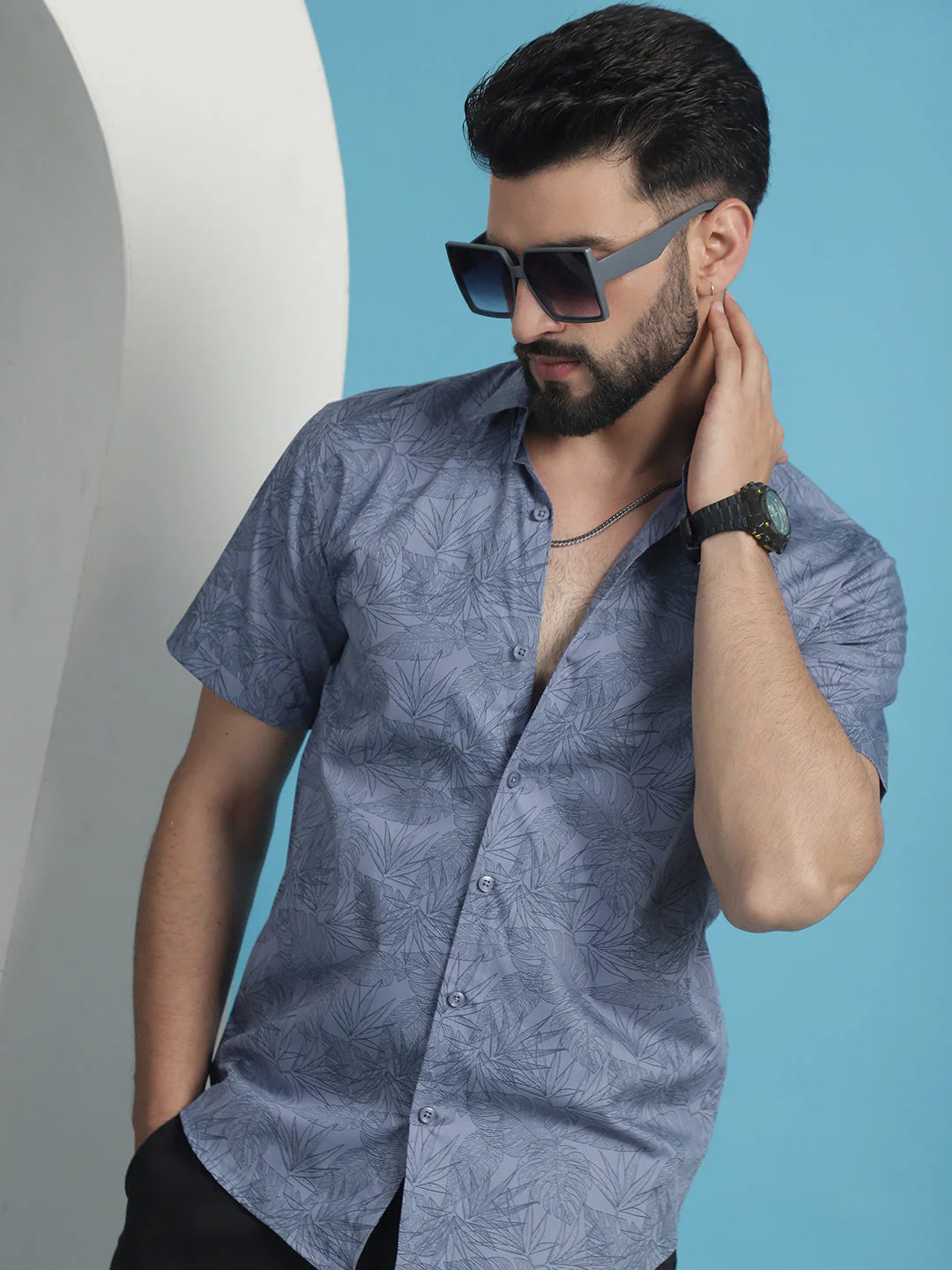 Printed Half Sleeve Cotton Shirt for Men - Grey