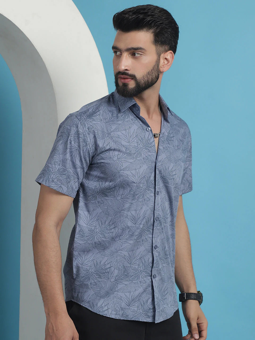 Printed Half Sleeve Cotton Shirt for Men - Grey