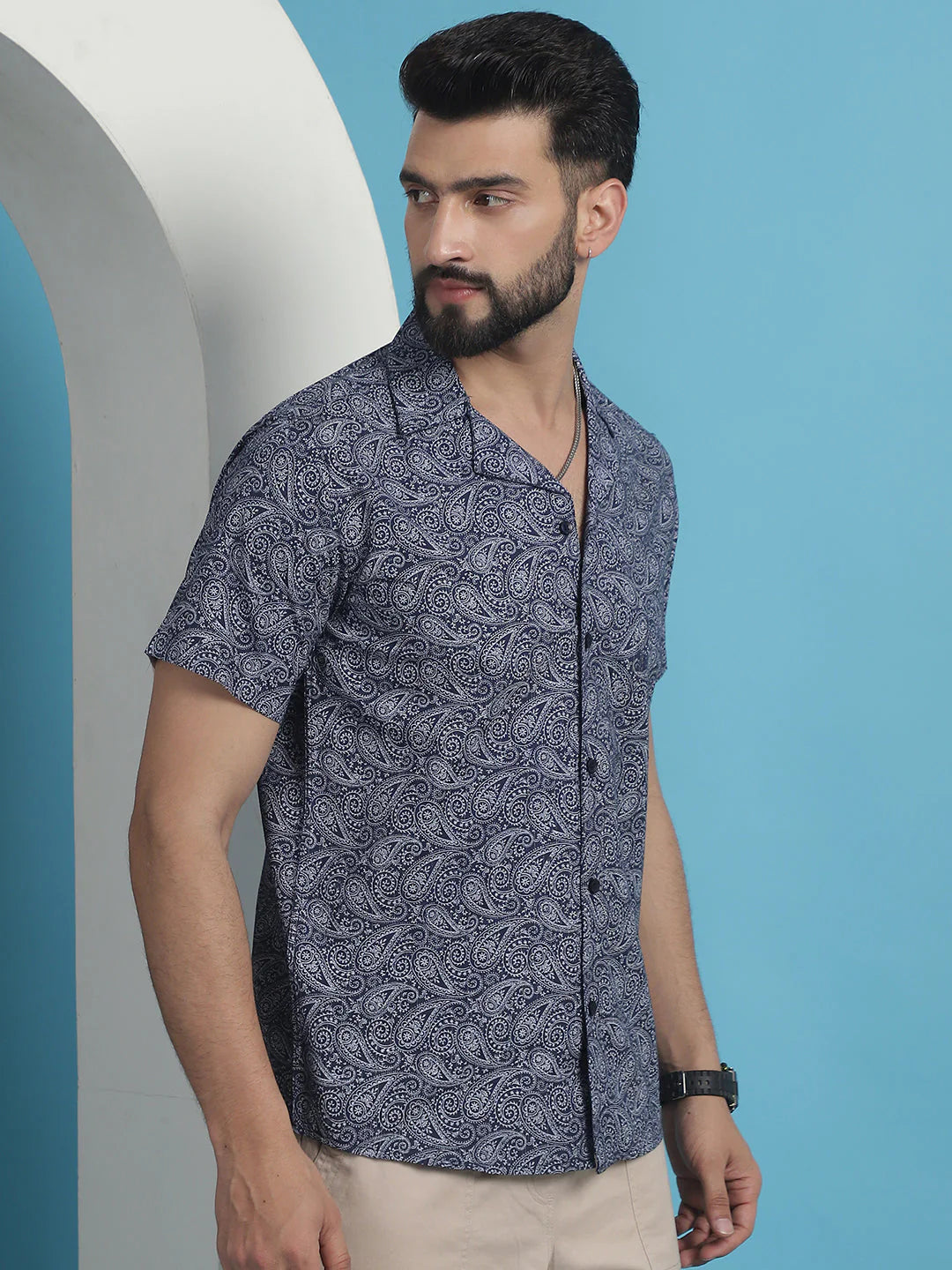 Navy Blue Paisley Printed Cotton Casual Shirt - Navy