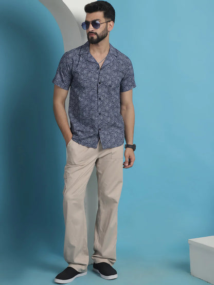 Navy Blue Paisley Printed Cotton Casual Shirt - Navy