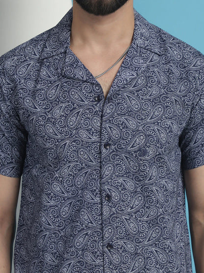 Navy Blue Paisley Printed Cotton Casual Shirt - Navy