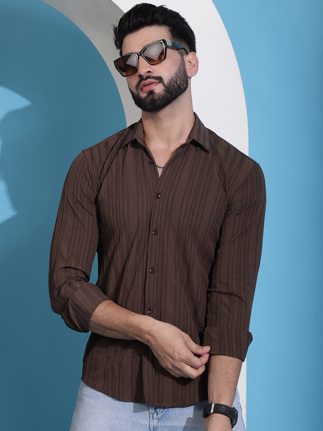 Striped Casual Shirt for Mens - Brown