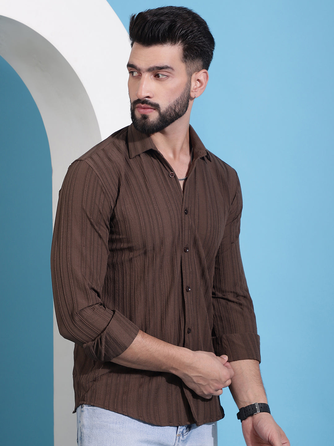 Striped Casual Shirt for Mens - Brown