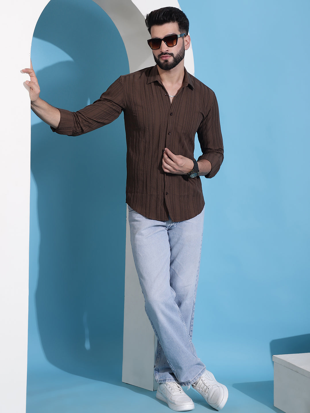 Striped Casual Shirt for Mens - Brown