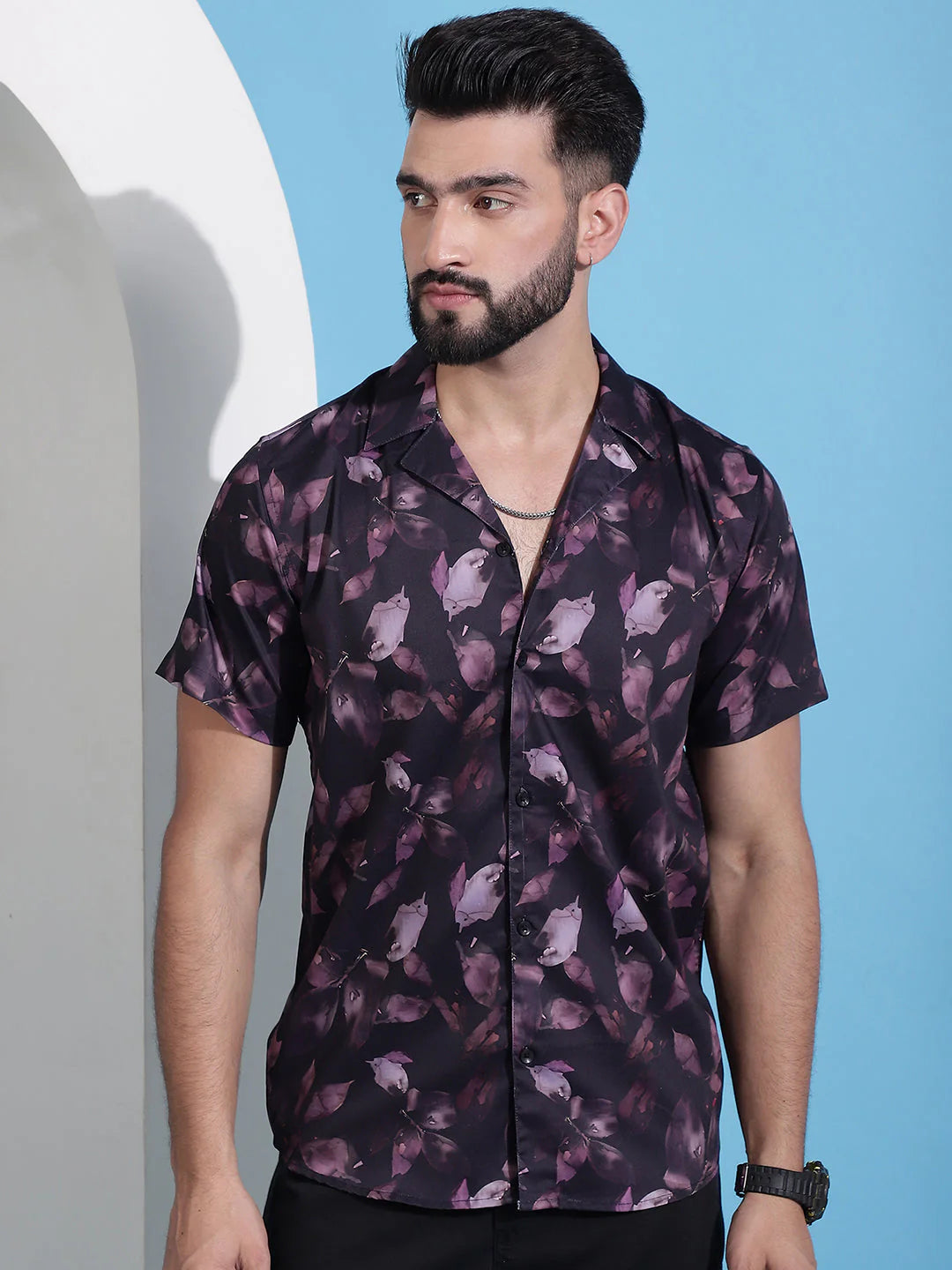 Classic Floral Printed Cotton Casual Shirt - Purple