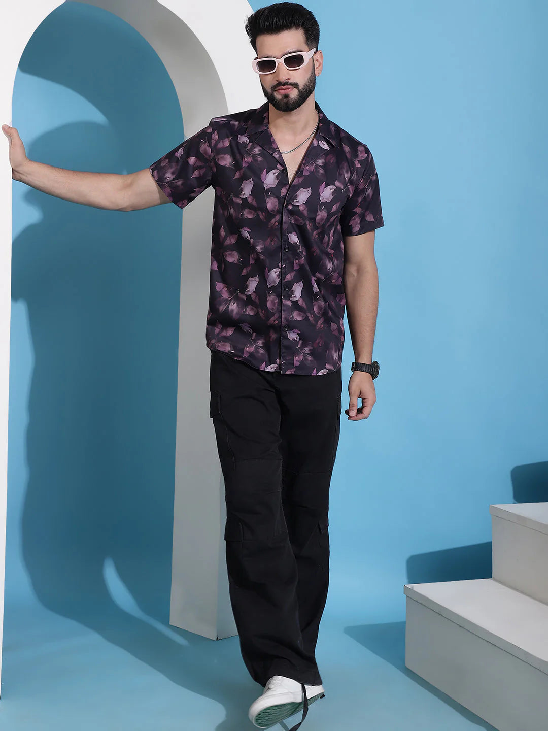 Classic Floral Printed Cotton Casual Shirt - Purple