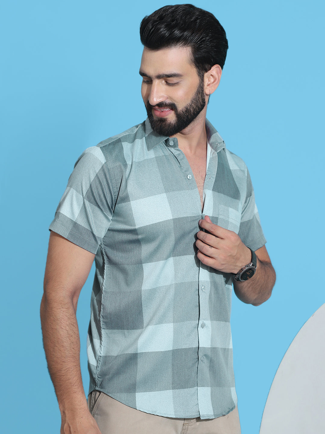 Checked Half Sleeve Cotton Shirt - Green