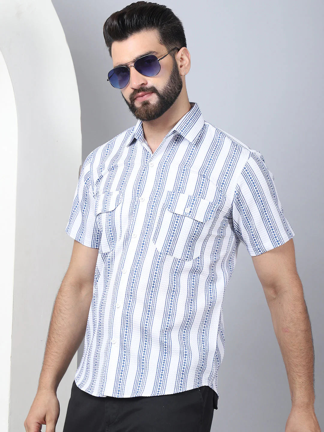 Men's Floral Printed Cotton Casual Shirt - Blue