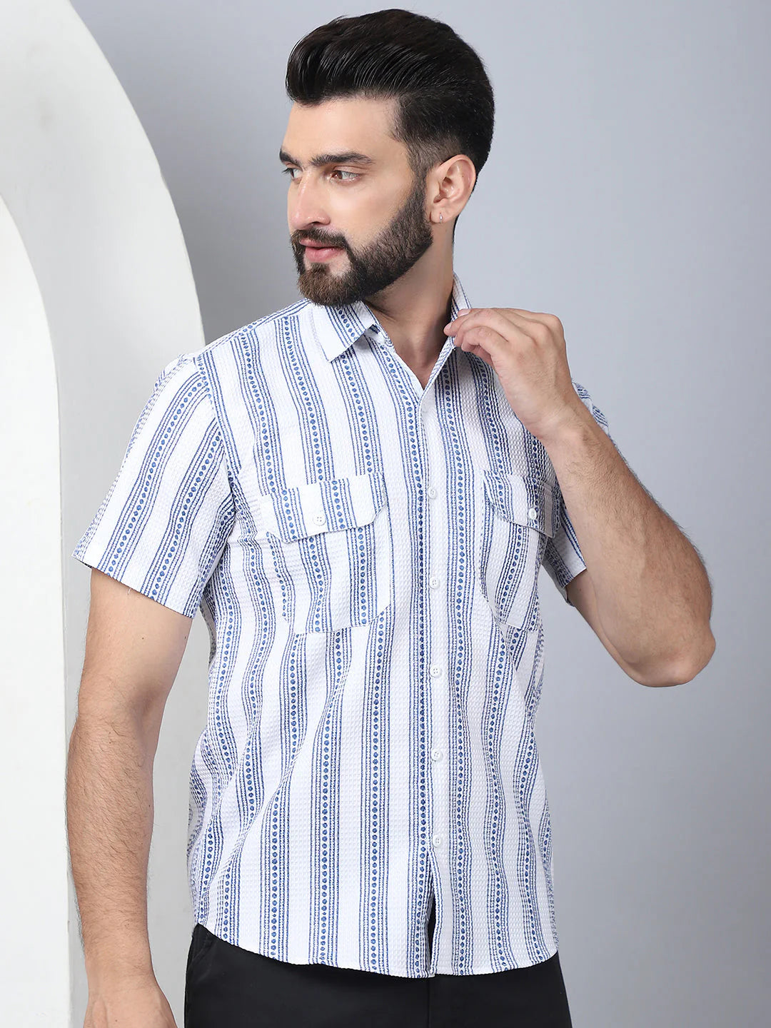 Men's Floral Printed Cotton Casual Shirt - Blue