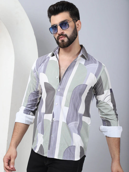 Abstract Printed Spread Collar Cotton Casual Shirt for Men - Grey