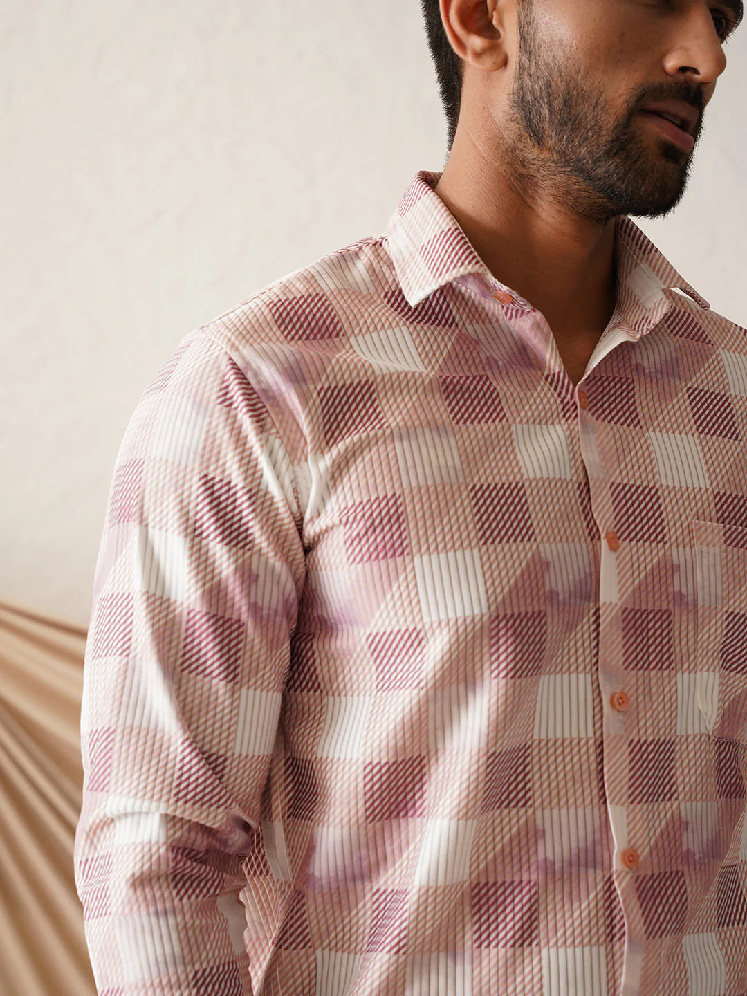 Checked Spread Collar Cotton Casual Shirt - Magenta