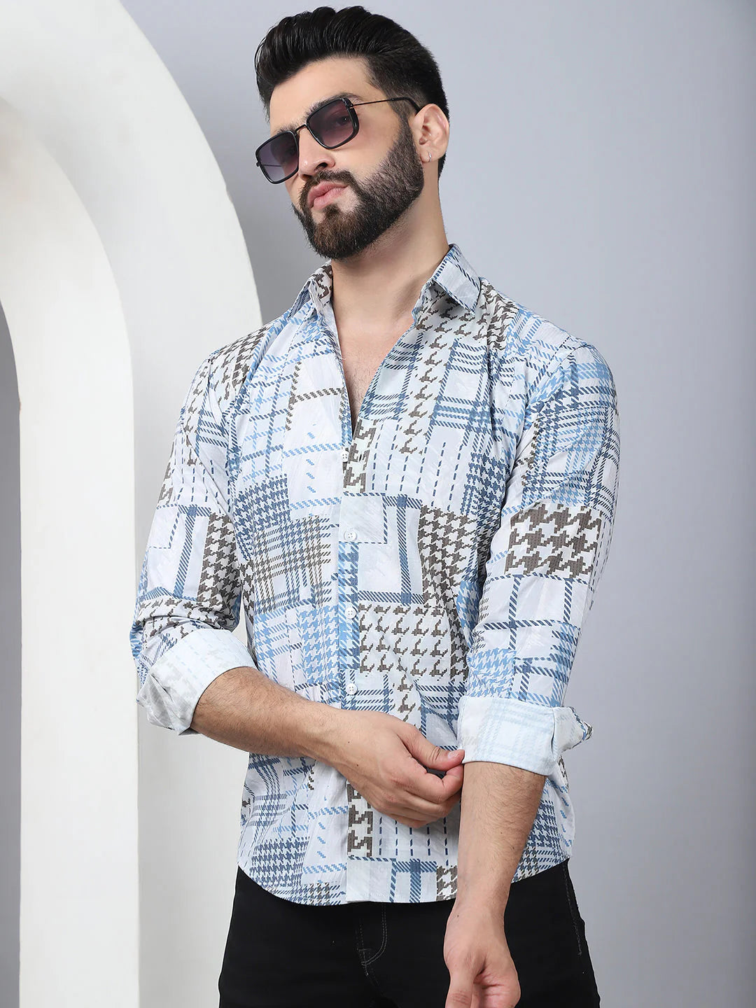 Geometric Printed Cotton Casual Shirt for Men - Blue