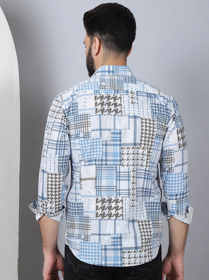 Geometric Printed Cotton Casual Shirt for Men - Blue