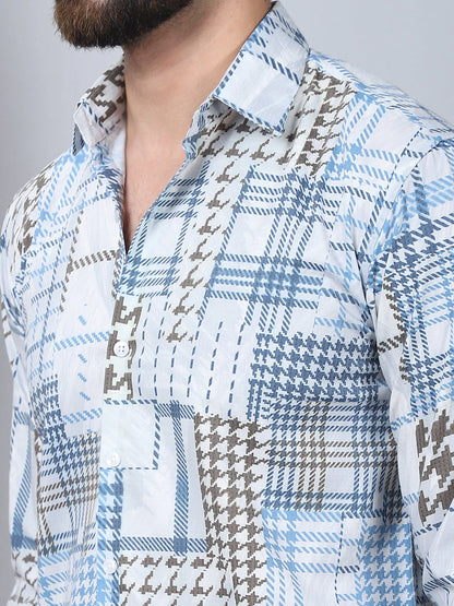 Geometric Printed Cotton Casual Shirt for Men - Blue