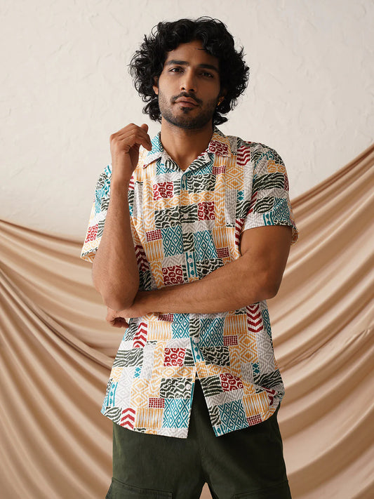 Printed Cuban Collar Casual Shirt for Men - Multi Colour