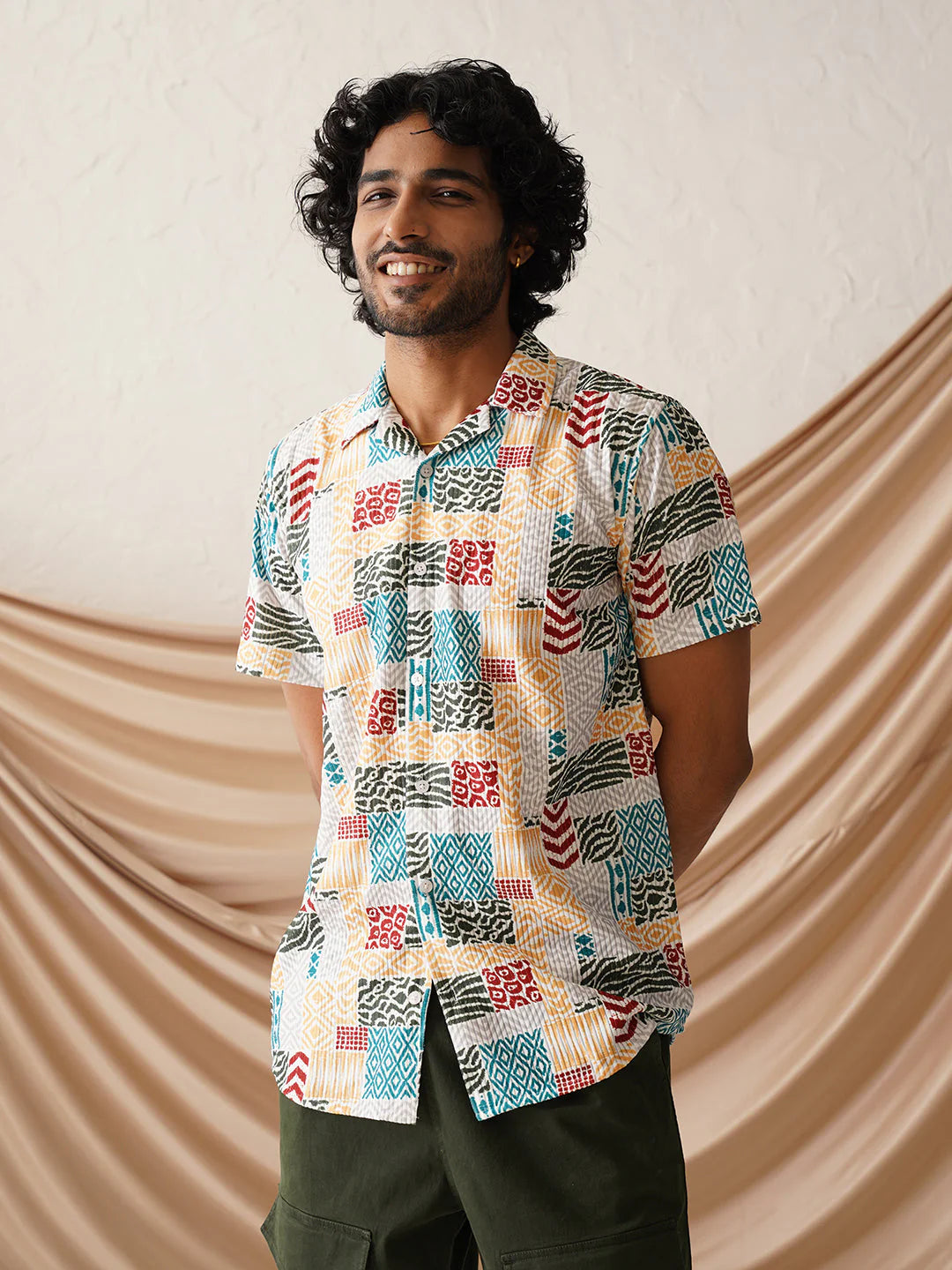 Printed Cuban Collar Casual Shirt for Men - Multi Colour