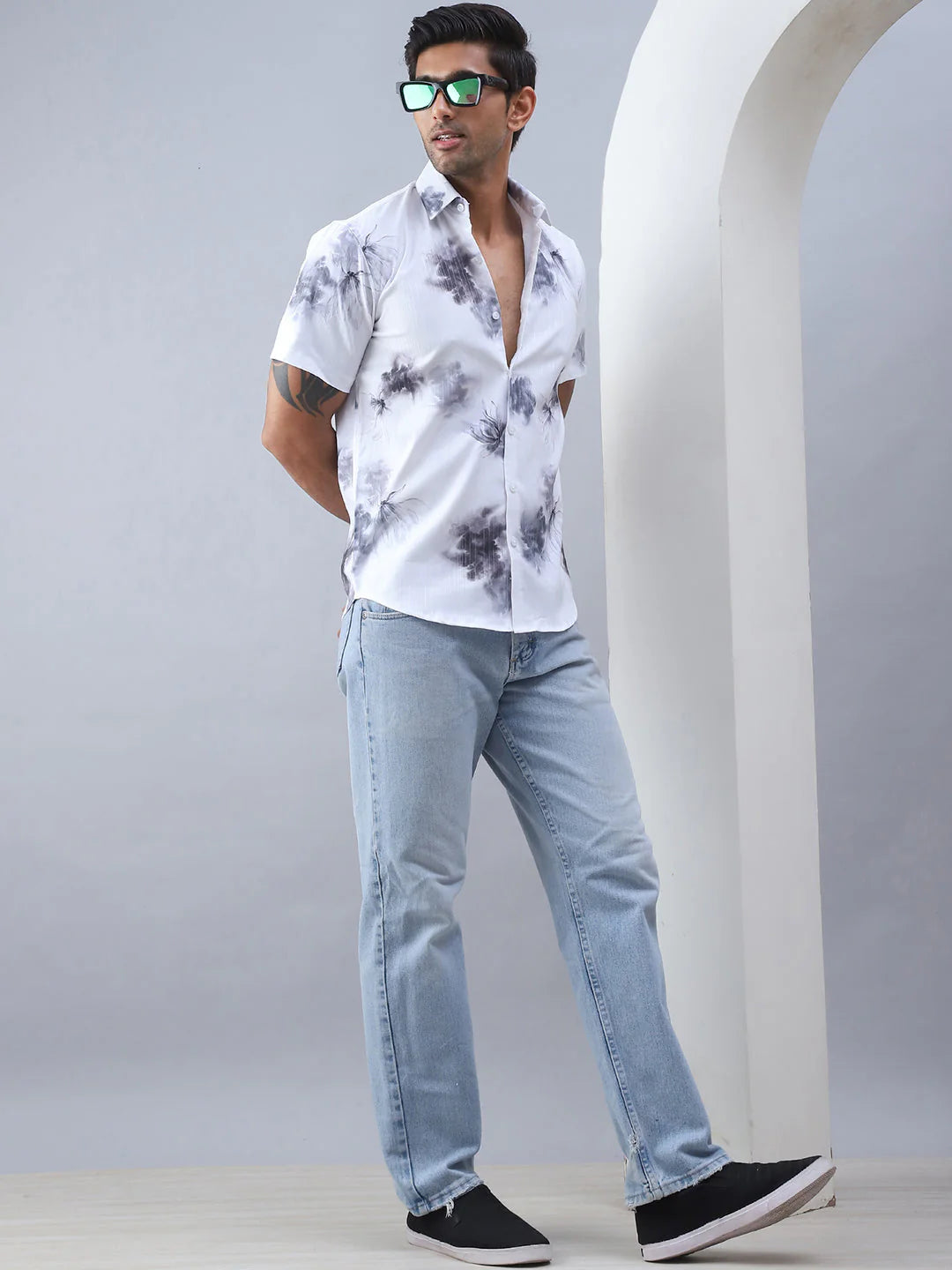 Printed Cotton Casual Shirt For Men - Grey