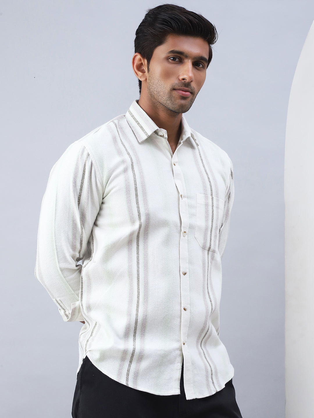 Striped Casual Shirt for Men - Cream