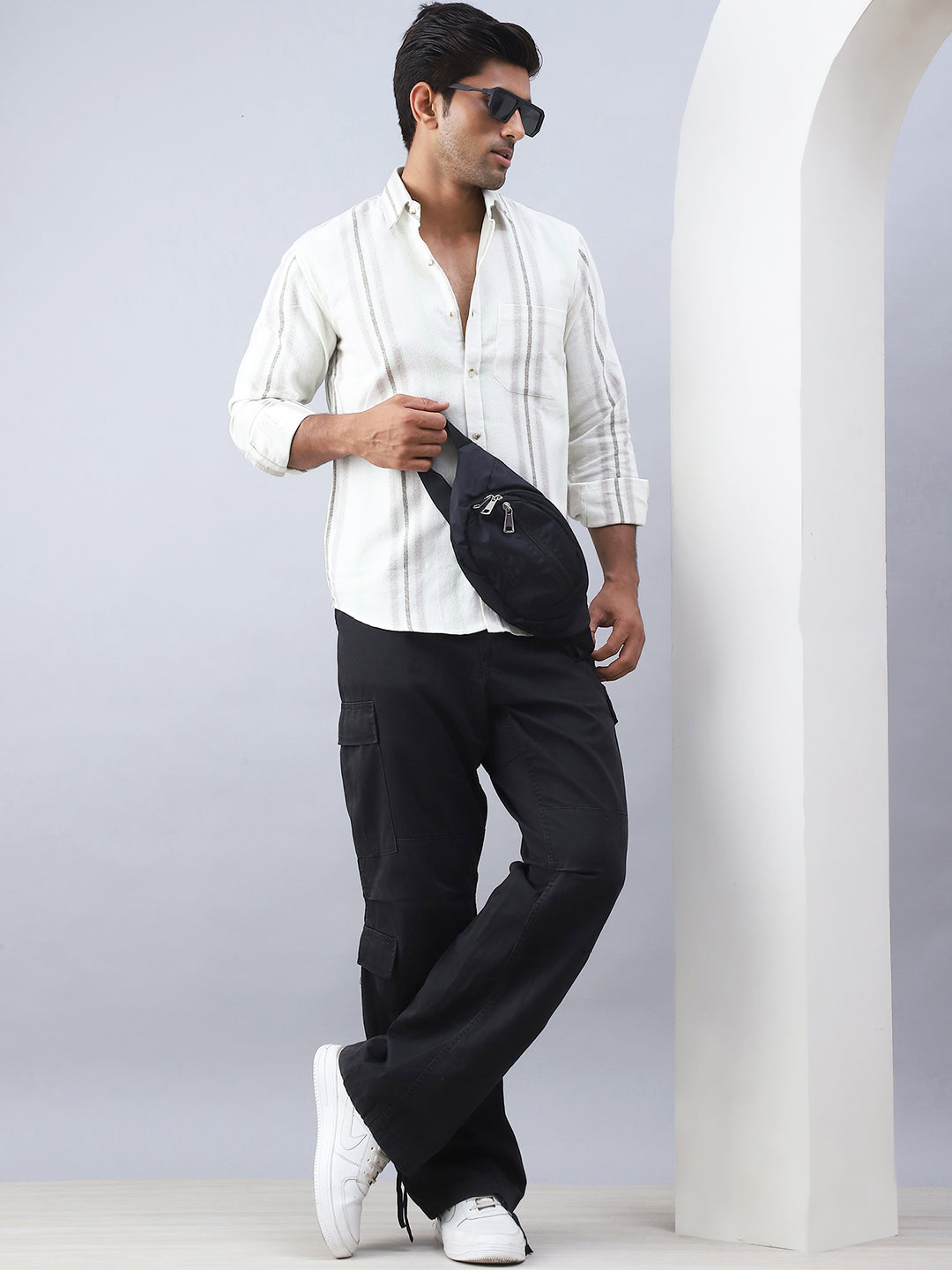 Striped Casual Shirt for Men - Cream