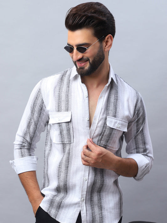 Striped Cotton Casual Shirt for Men - Grey