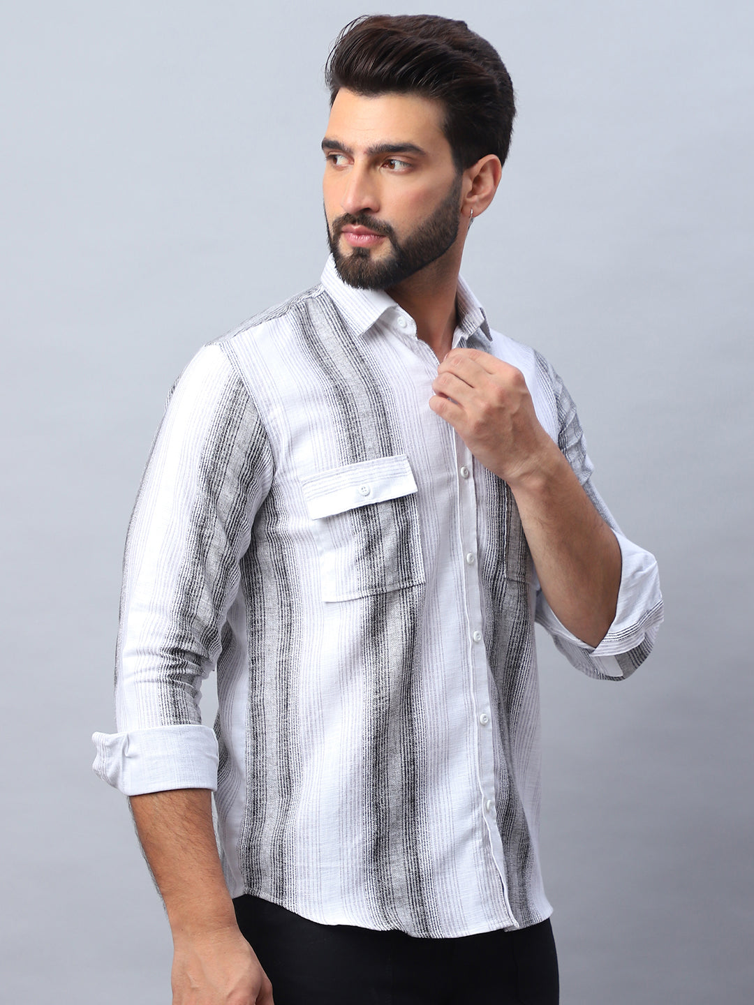 Striped Cotton Casual Shirt for Men - Grey